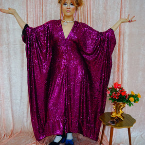 Fuchsia Pink Sequinned V-Neck Kaftan Gown