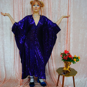 Deep Purple Sequin V Neck Kaftan Gown, Freesize