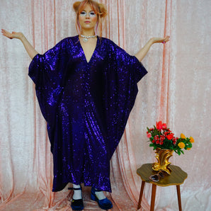 Deep Purple Sequinned V-Neck Kaftan Gown