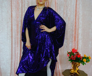Deep Purple Sequin V Neck Kaftan Gown, Freesize