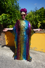 Load image into Gallery viewer, Siren Sequins - magenta pink, Gold, turquoise blue and ruby red  - Slash Neck
