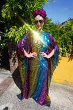 Load image into Gallery viewer, Siren Sequins - magenta pink, Gold, turquoise blue and ruby red  - Slash Neck
