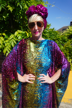 Load image into Gallery viewer, Siren Sequins - magenta pink, Gold, turquoise blue and ruby red  - Slash Neck
