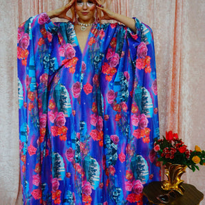 City Scape with Roses Print Opulent Velvet V-Neck Kaftan Gown