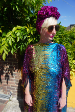 Load image into Gallery viewer, Siren Sequins - magenta pink, Gold, turquoise blue and ruby red  - Slash Neck

