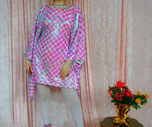 Pink & White Houndstooth Sequin Mini Dress Kaftan