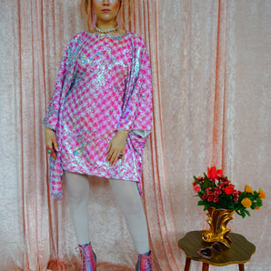 Pink & White Houndstooth Sequin Mini Dress Kaftan