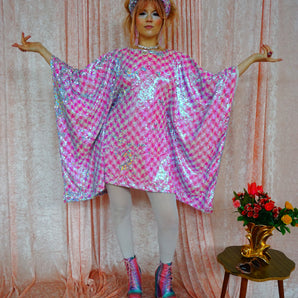 Pink & White Houndstooth Sequin Mini Dress Kaftan