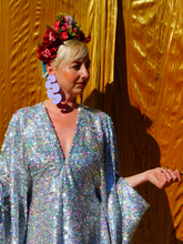 Load image into Gallery viewer, Silver Metallic Holographic/  Sequin Kaftan Gown / Dress
