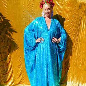 Holographic Turquoise Sequin Kaftan Gown, Freesize