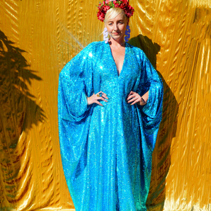 Turquoise Holographic Sequin Maxi Kaftan Gown / Kimono Robe