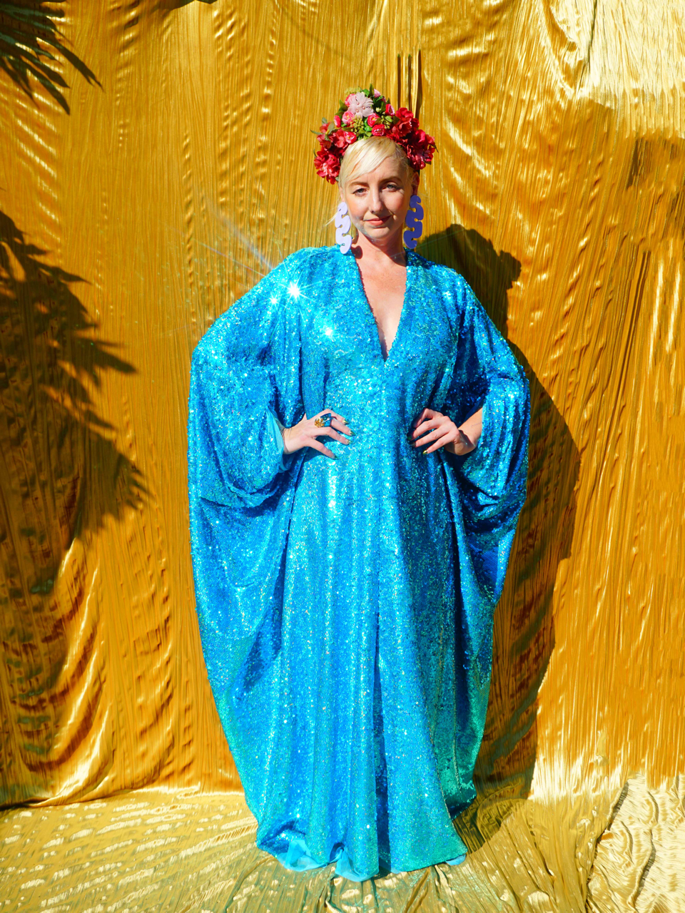 Turquoise Holographic Sequin Maxi Kaftan Gown / Mini Kaftan / Kimono Robe