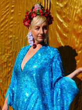 Load image into Gallery viewer, Turquoise Holographic Sequin Maxi Kaftan Gown / Mini Kaftan / Kimono Robe
