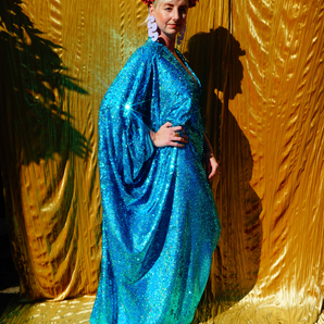 Holographic Turquoise Sequin Kaftan Gown, Freesize
