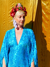 Load image into Gallery viewer, Turquoise Holographic Sequin Maxi Kaftan Gown / Mini Kaftan / Kimono Robe
