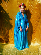 Load image into Gallery viewer, Turquoise Holographic Sequin Maxi Kaftan Gown / Mini Kaftan / Kimono Robe
