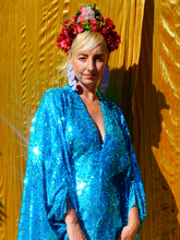Load image into Gallery viewer, Turquoise Holographic Sequin Maxi Kaftan Gown / Mini Kaftan / Kimono Robe

