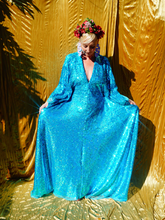 Load image into Gallery viewer, Turquoise Holographic Sequin Maxi Kaftan Gown / Mini Kaftan / Kimono Robe

