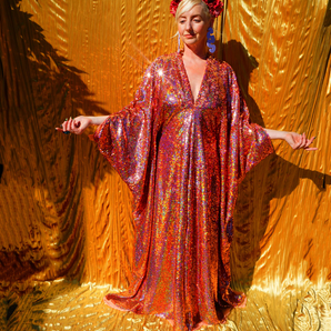 Rose Gold Holographic Sequin V-neck Kaftan Gown