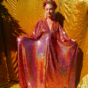 Rose Gold Holographic Sequin V-neck Kaftan Gown