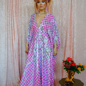 Houndstooth Pink and White Flip Sequin V Neck Kaftan Gown, Freesize