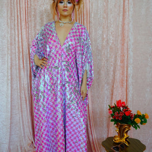Houndstooth Pink and White Flip Sequin V Neck Kaftan Gown, Freesize