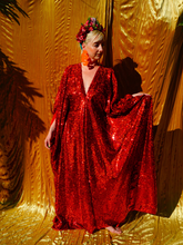 Load image into Gallery viewer, Red Holographic Sequin Maxi Kaftan Gown / Mini Kaftan / Kimono Robe
