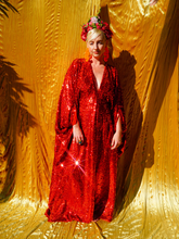 Load image into Gallery viewer, Red Holographic Sequin Maxi Kaftan Gown / Mini Kaftan / Kimono Robe
