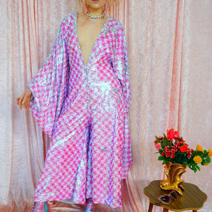 Pink & White Houndstooth Sequin Jumpsuit