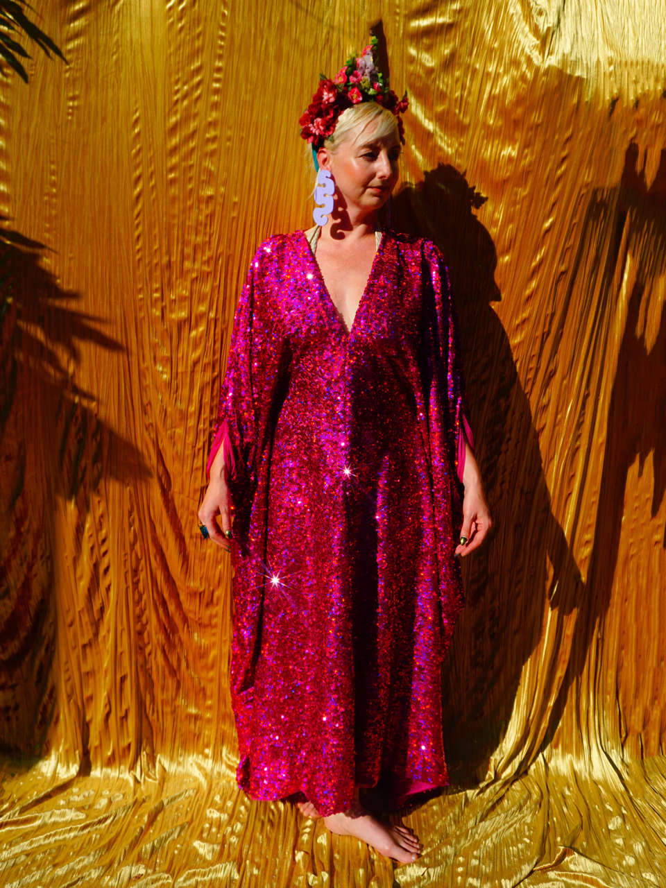 Cerise Holographic Sequin V-neck Kaftan Gown
