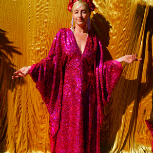 Holographic Cerise Metallic Sequin Kaftan Gown, Freesize