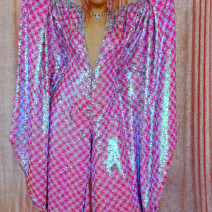 Pink & White Houndstooth Sequin Jumpsuit