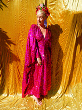 Load image into Gallery viewer, Cerise Holographic Sequin V-neck Kaftan Gown
