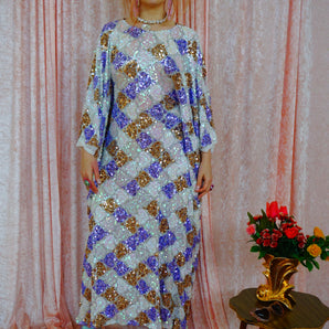 Lavender, Gold, and Pearlescent White Geometric Print Kaftan Gown