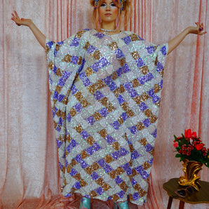 Lavender, Gold, and Pearlescent White Geometric Print Kaftan Gown