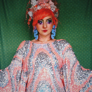 Candyfloss - Round Neck Coral, Silver, Iridescent Swirl Sequin Kaftan Maxi Gown