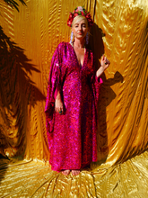 Load image into Gallery viewer, Cerise Holographic Sequin V-neck Kaftan Gown
