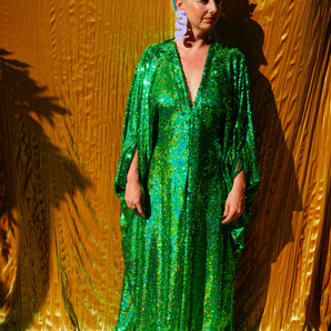 Emerald Green Holographic Sequin Maxi Kaftan Gown / Kimono Robe