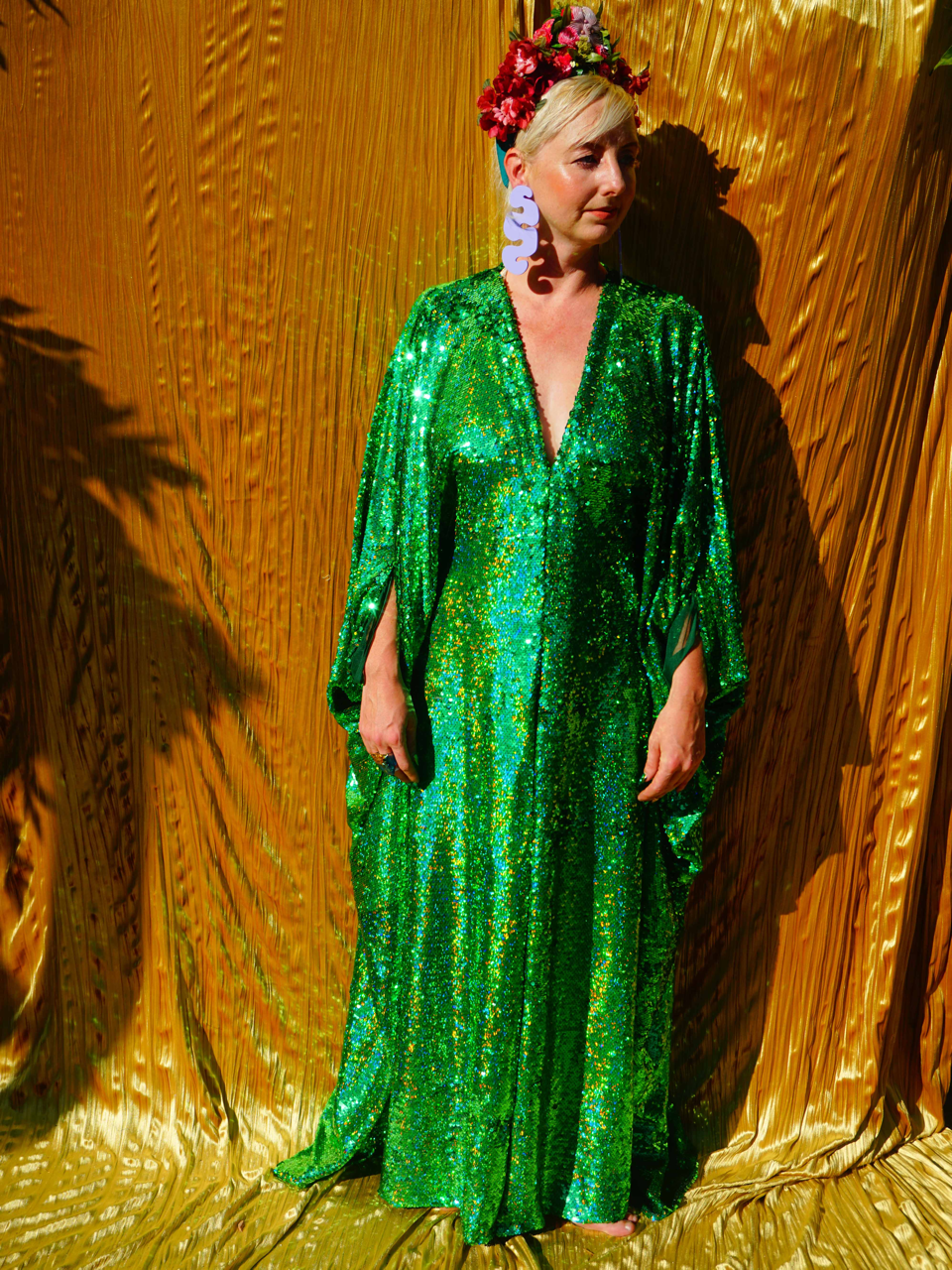 Emerald Green Holographic Sequin Maxi Kaftan Gown / Mini Kaftan / Kimono Robe