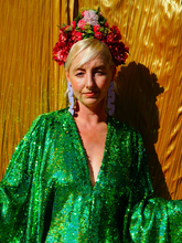Load image into Gallery viewer, Emerald Green Holographic Sequin Maxi Kaftan Gown / Mini Kaftan / Kimono Robe

