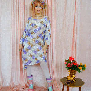 Lavender, Gold, and Pearlescent White Geometric Print Kaftan Mini