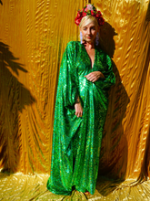 Load image into Gallery viewer, Emerald Green Holographic Sequin Maxi Kaftan Gown / Mini Kaftan / Kimono Robe
