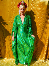 Load image into Gallery viewer, Emerald Green Holographic Sequin Maxi Kaftan Gown / Mini Kaftan / Kimono Robe
