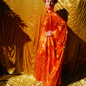 Holographic Orange Metallic Sequin Kaftan Gown, Freesize