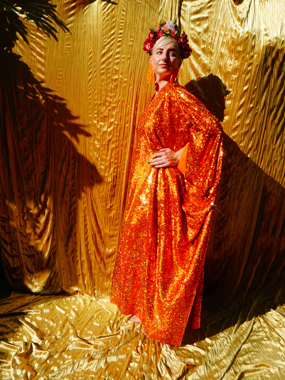 Orange Holographic Sequin Maxi Kaftan Gown / Mini Kaftan / Kimono Robe