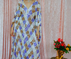 Lavender Love Hearts Geometric Print V Neck Kaftan Gown, Freesize