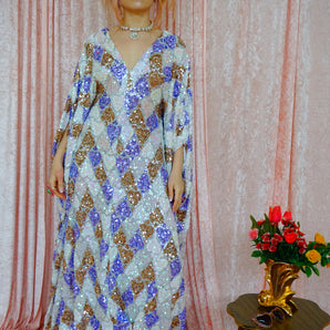 Lavender, Gold, and Pearlescent White Geometric Print V-Neck Kaftan Gown