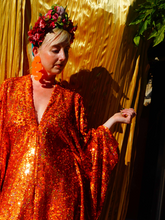 Load image into Gallery viewer, Orange Holographic Sequin Maxi Kaftan Gown / Mini Kaftan / Kimono Robe
