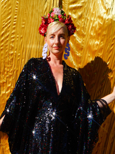 Load image into Gallery viewer, Petrol Black Holographic Sequin Maxi Kaftan Gown / Mini Kaftan / Kimono Robe
