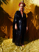 Load image into Gallery viewer, Petrol Black Holographic Sequin Maxi Kaftan Gown / Mini Kaftan / Kimono Robe
